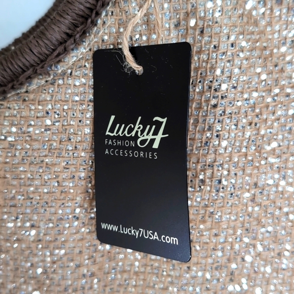 NWT Jute Lucky 7 Gold Glitter Bling Tote / Beach Bag / Travel Bag Round Handles - Picture 5 of 10
